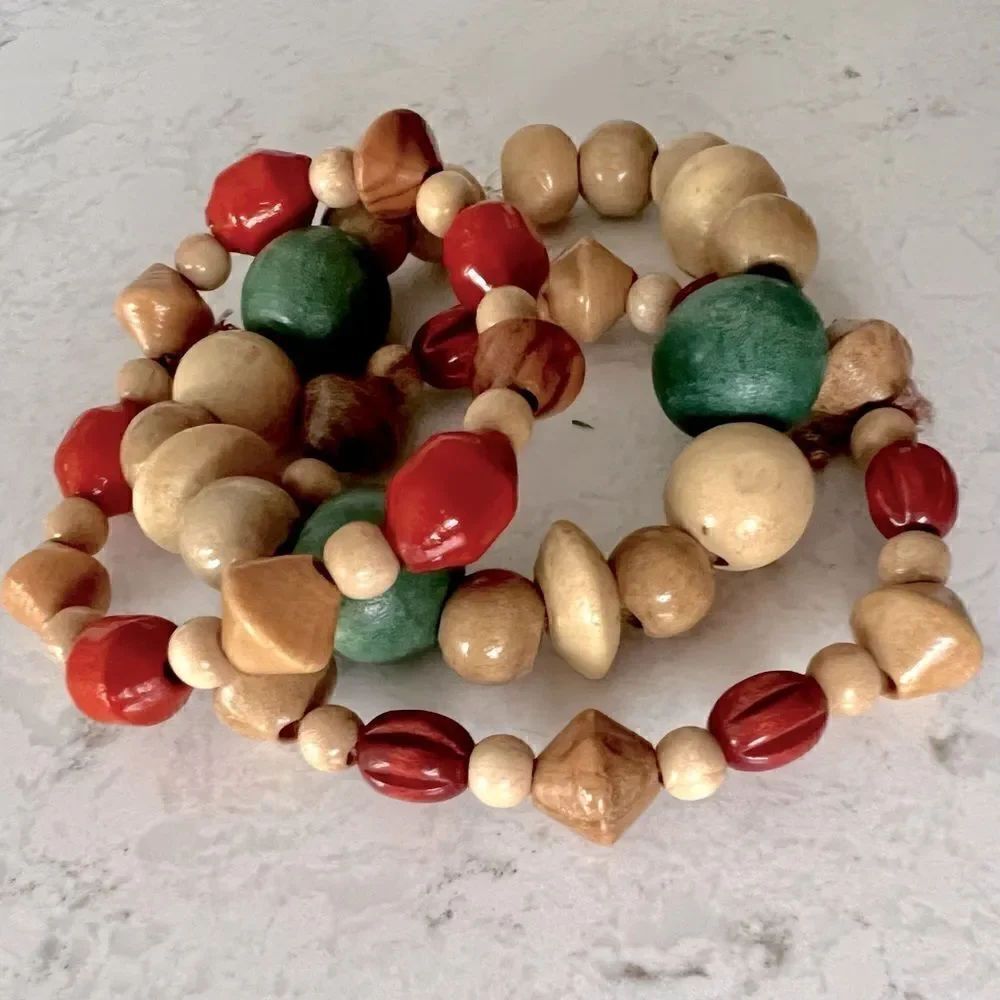 *3/$20* Boho wooden red, green and tan beaded bracelets- set of 3